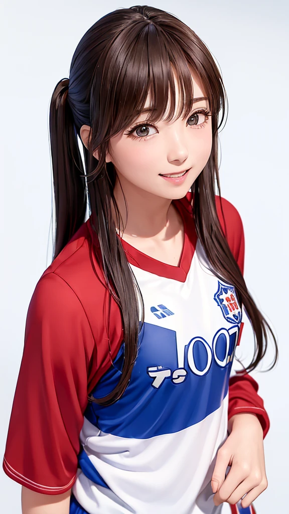 (((Cowboy Shot、female solo shot、oil、Pure white wall background、masterpiece、Highest quality、High resolution)))、Redhead、Side ponytail hair、(((Soccer uniformsを着ています)))、(((blue and red uniform)))、Fashionable hairstyles、Red cheeks、((No shadow、Frame In))、Cute Face、((Small breasts))、Laughing、Smiling face、((Thumbing up))、(((Soccer uniforms)))、