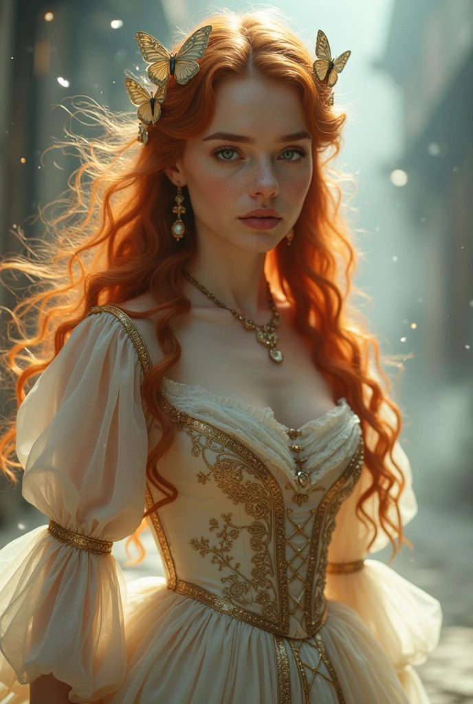 (solo, full body photo:1.3), (action packed:1.3), (haze, fog, mist:1.3), chiaroscuro, best quality, photorealistic, 1woman, (cute), (24yo:1.2), redhead, long ginger hair highly detailed, 1700'S, digital photography, art by artgerm and ruan jia and greg rutkowski surreal painting gold butterfly filigree, broken glass, (masterpiece, sidelighting, finely detailed Fashionable eyes: 1.2) (perfect oval large eyes that gazes at the viewer), beautiful detailed face, blue gorgeous perfect eyes, (blonde hair ponytail), (attractive young woman:1.3), (thick amazing hair), (seductive:1.1), (blushing:1.1)