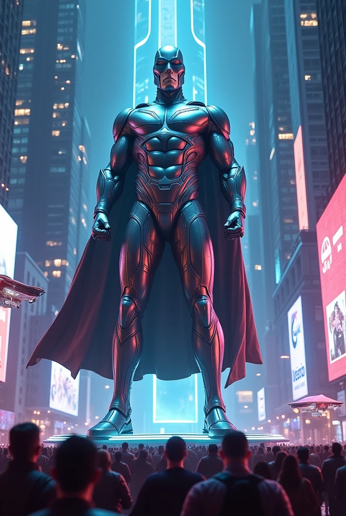 Statue of a superhero in a futuristic city at night. People are amazed by the statue.