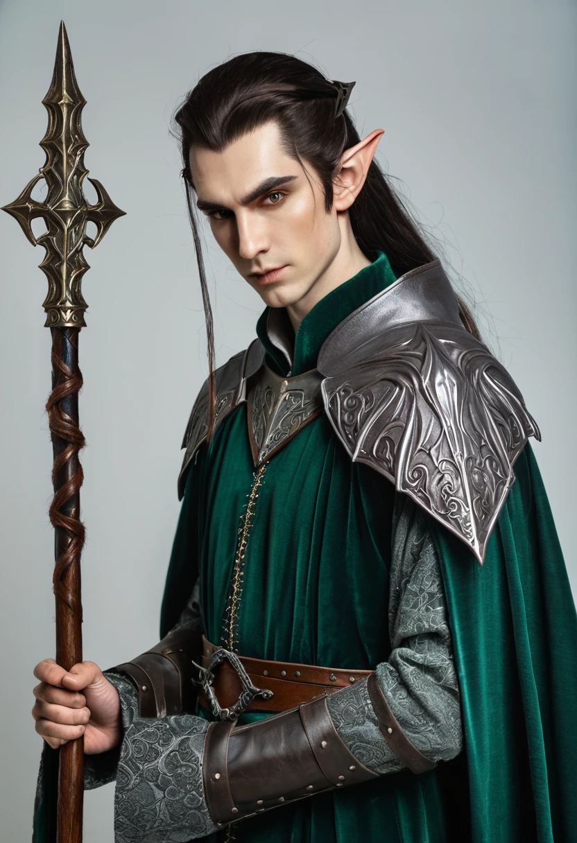 A half-elf, brutal male sorcerer in medieval clothing with a staff