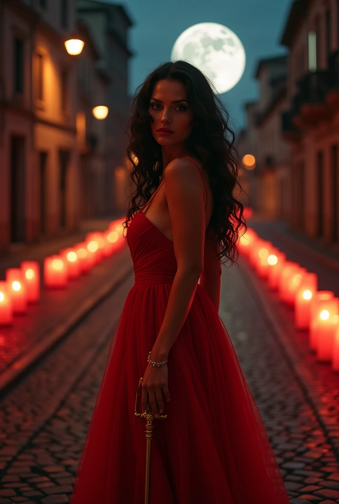 A sensual brunette French woman, tall stature of 50 years, piercing look, corpanzil, big bust, large gluteal, full red lips, laughing, redgown, ebony hair with long, waist-length curls, expressive honey eyes, standing in an empty urban crossroads with lit red candles and roses on the ground, at night with a full moon