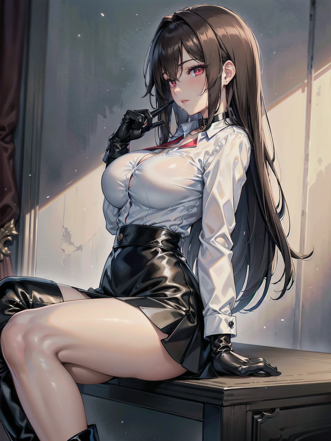 masterpiece, Superior image quality, High resolution, 4k image,Photo and gross, photorealistic, ung girl of 20 years old,  side view, profile view, sitting, {Alone},{{{vagina}}}, big breasts, beautiful face, long dark brown wavy hair, scarlet red eyes, very detailed eyes, draw a faint smile, choker:1.6, (white collar button down shirt white long sleeve), black gloves, gloves covering the hands, (black shiny black miniskirt), (black leather boots), sensual lips , show details in the eyes, room, at daytime