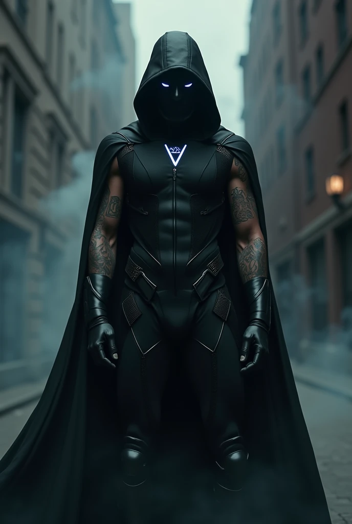 1man, american, black hooded mask, glowing upside down triangle symbol, black tech suit with metal accentsm, right bare arm, black cape, black boots, dark aura, smoke background
