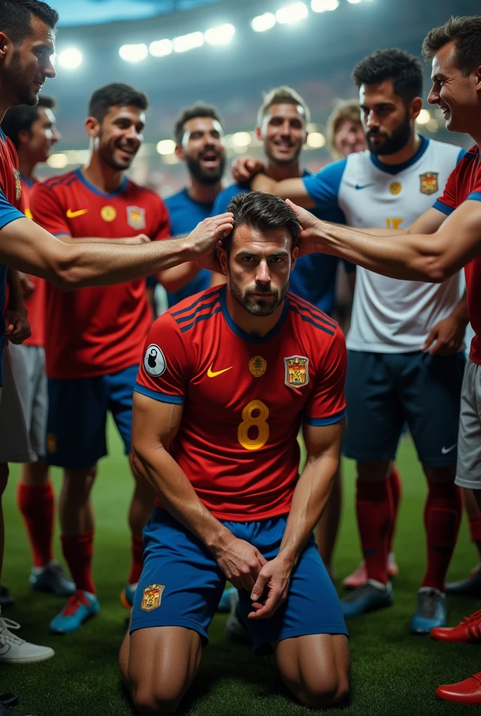 (NSFW Gay) a Madrid player with number 8 on his back is kneeling in front of many men, one of the men is pulling his hair, HD Photo