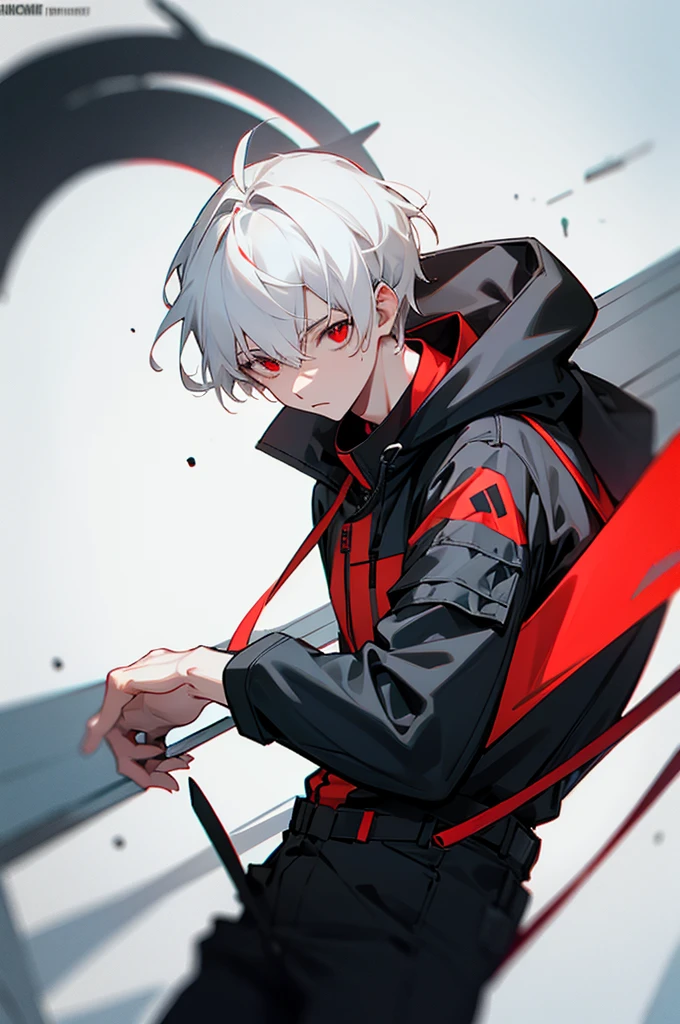 male, young adult, White Hair, Red eyes, Black and gray jumpsuit, SOS Logo, goggles, Perfect quality.