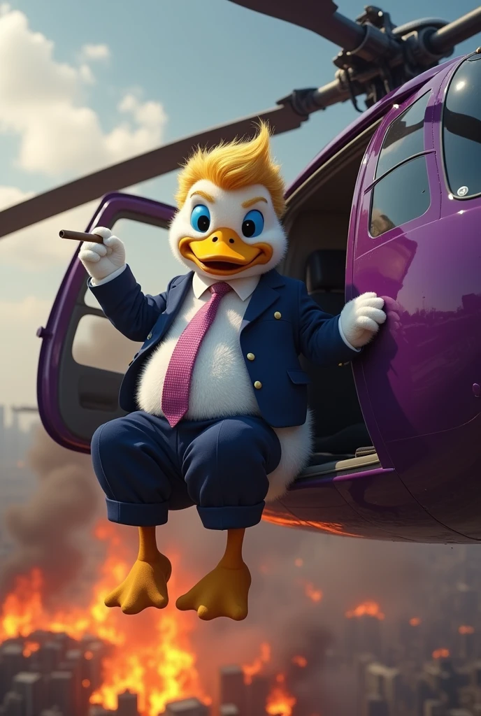 Mafia white soft fur skin duck with blonde hairstyle of donald trump wearing suit and pant smoking cigar sitting on the side of a open door purple helicopter flying in the air, battlefield backgrond, fire everywhere