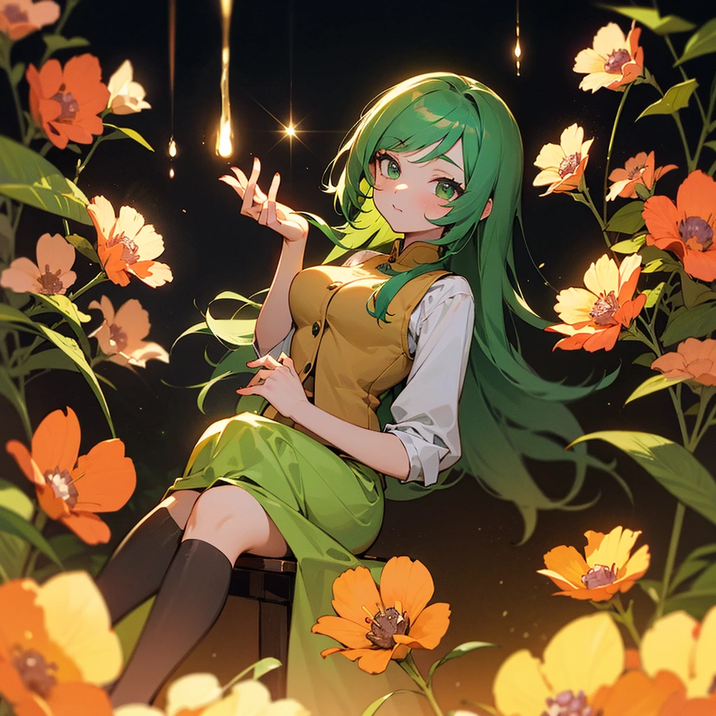 Fraction_9, Fraction_8_Direction_7_up, 1 Girl, sit, Looking at the audience, Sole, sock, Foot Focus, shorten, saturday night fever, Screwed Up, Green Hair, Baby bangs, Coral Eye, Medium breasts, Golden vest, night, Bellflower \(flower\) background, 奇幻森林background，Biodiversity