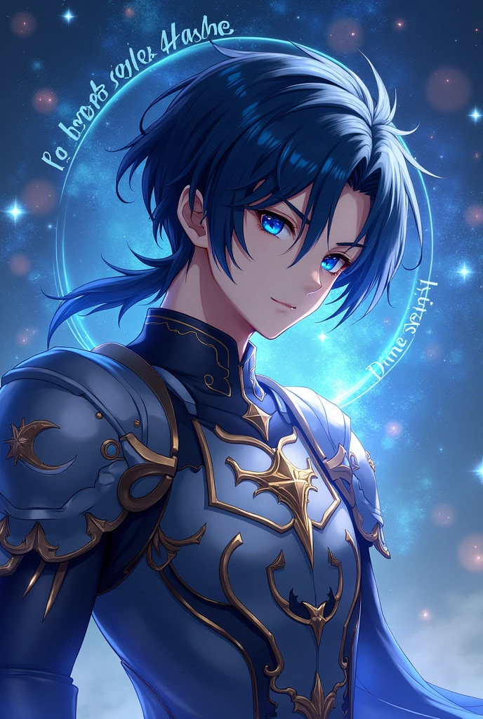 put the name: (The Eminent Divine Spirit), written in the drawing. Create a character, MALE with a JAPANESE ANIME ARMOR WARRIOR style in a cosmic environment, black hair with a cobalt blue strand in a single hair, cobalt blue eyes. Don't forget to put the name "THE EMINENT DIVINE SPIRIT".