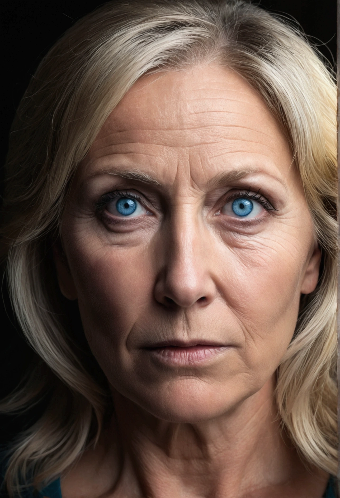 52-year-old woman, blonde, blue eyes with incredulous expression, dark atmosphere
