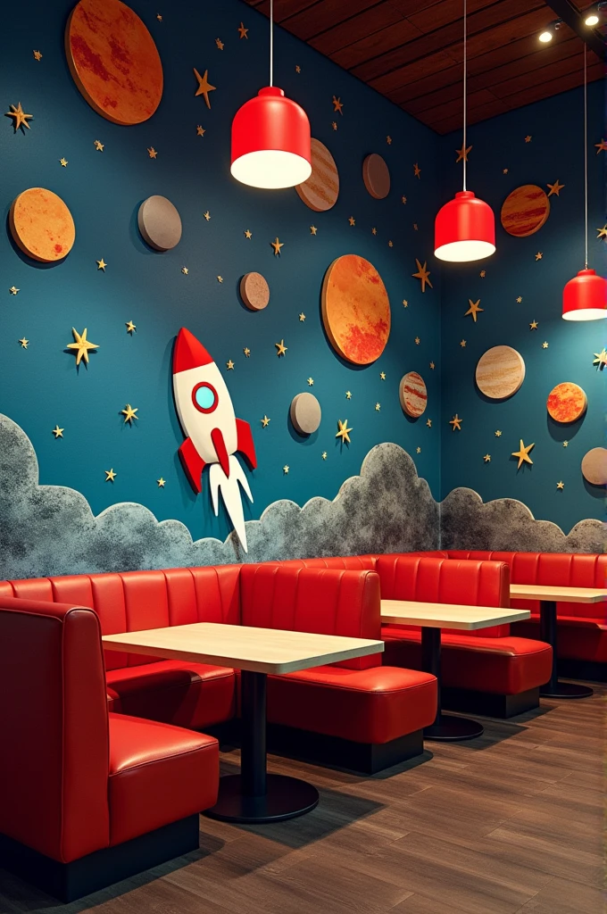 Fast food where instead of tables are rockets and the walls have planets and stars