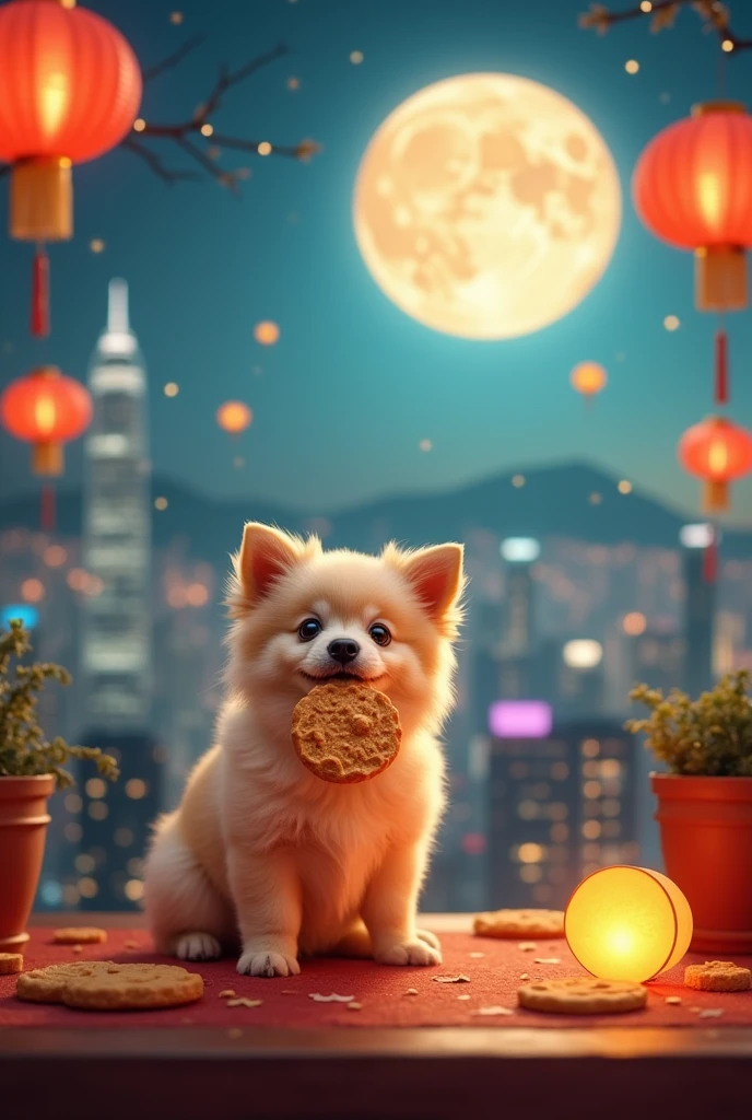 Mid-Autumn Festival,There is a big bright moon in the Hong Kong sky.,warmth,A little dog is eating a round cookie.,very happy