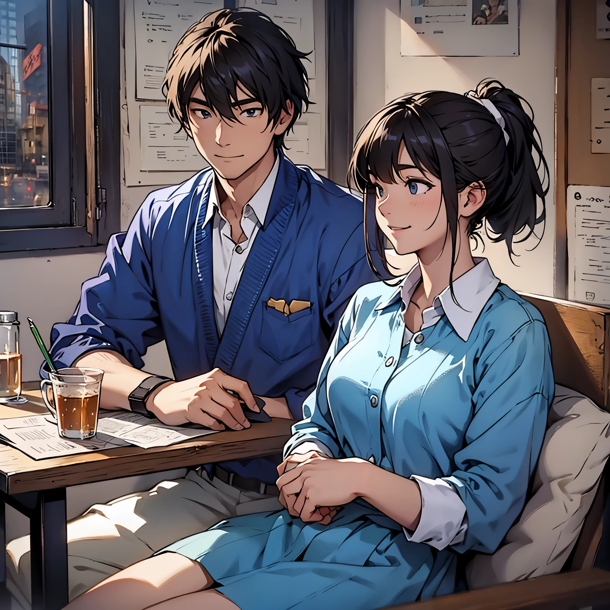 Imagine an MBTI advocate、A man and a woman in blue clothes smiling gently。In a gentle atmosphere。