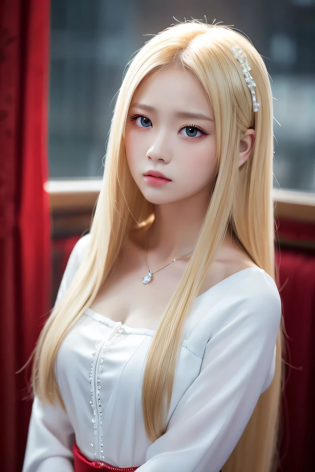 princess. wearing white clothes. Blonde. long straight hairstyle. Red eyes. A solemn atmosphere. So bossy.