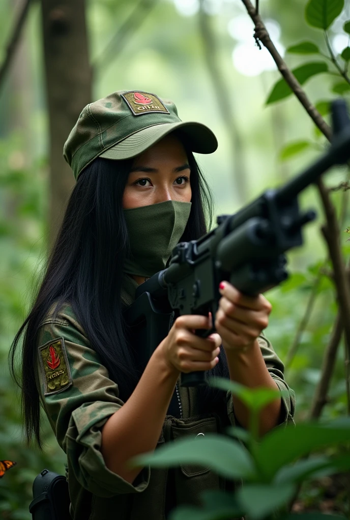 Create an image of a Vietnamese female sniper wearing a cloth face mask. 