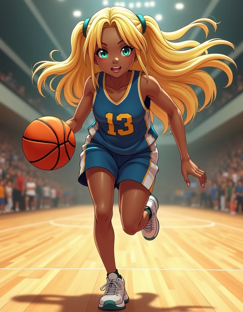 A stunningly beautiful anime-style girl with long blonde (black skin) hair, captivating green eyes, running dynamically, perspiring with a basketball in a gymnasium, highly detailed, realistic, photorealistic, 4k, 8k, best quality, masterpiece, ultra-detailed, vivid colors, HDR, studio lighting, professional, physically-based rendering