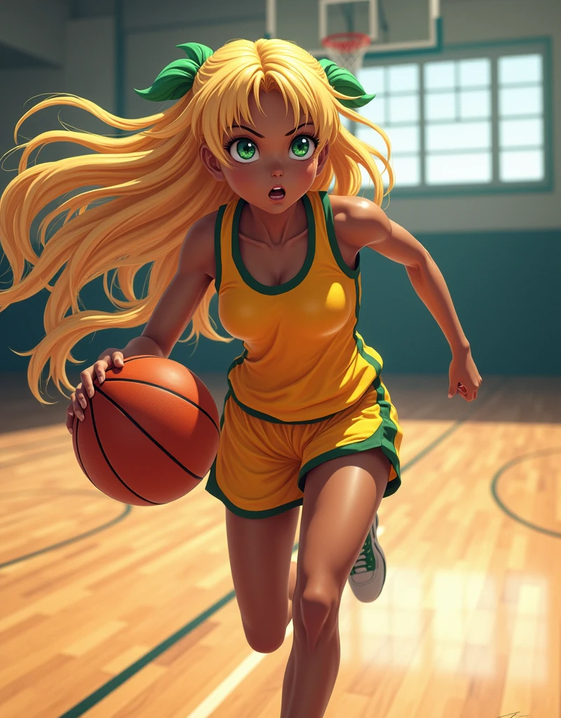 A stunningly beautiful anime-style girl with long blonde (black skin) hair, captivating green eyes, running dynamically, perspiring with a basketball in a gymnasium, highly detailed, realistic, photorealistic, 4k, 8k, best quality, masterpiece, ultra-detailed, vivid colors, HDR, studio lighting, professional, physically-based rendering