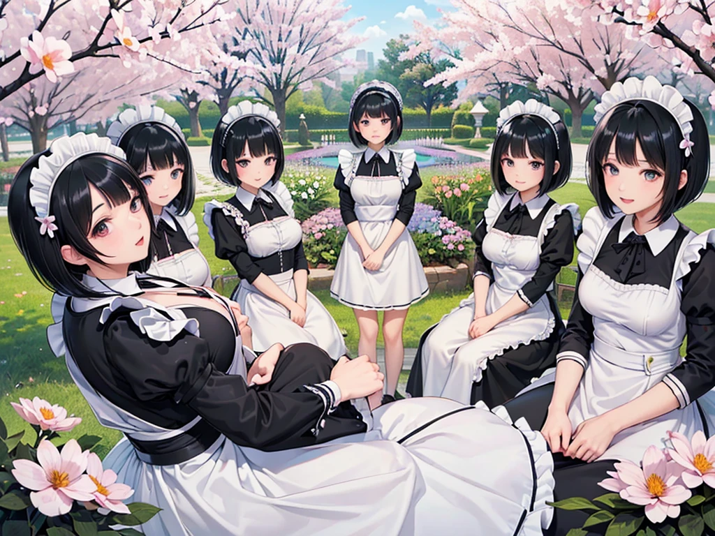 (((clone girls art))), (((Ultra HD, Highest quality, Ultra-high resolution))), (((((Maid clothes:1.8))))), Women, Small face, (((((Thick black hair, short hair:1.9))))), (Cute expression, A gentle gaze), ((smile:1.5)), (Big Breasts, Cleavage:1.5), ((Very detailed, 1girl, cloning:1.6)), (((6+girls:1.8))), (((6+girls:1.8))), (((Very detailed, Perfect same person, 100 people:1.8))), (((Western-style garden, A beautiful sight of blooming flowers))), top view, Perspective