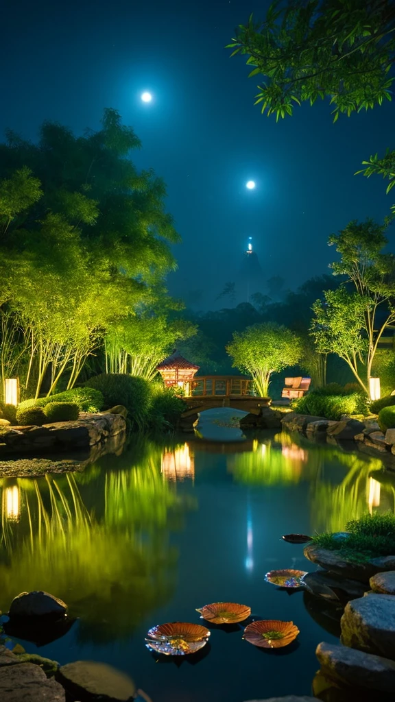 masterpiece,Top quality people,Chinese martial arts style,Night view of Asia,Really,Artistic concept,、 Simple,Night view of Asian pond with lots of lights and boats underwater,Lake,Lotus,Beautiful night view,(( (Chinese martial arts style))), The sky is wide, Even the mountain cliffs, Ink painting style, Lun Guoguang, atmospheric ambience, Written boundary depth, The mist gathers, bamboo, loose, Flying Waterfall。