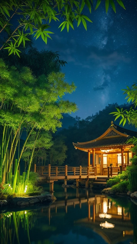 masterpiece,Top quality people,Chinese martial arts style,Night view of Asia,Really,Artistic concept,、 Simple,Night view of Asian pond with lots of lights and boats underwater,Lake,Lotus,Beautiful night view,(( (Chinese martial arts style))), The sky is wide, Even the mountain cliffs, Ink painting style, Lun Guoguang, atmospheric ambience, Written boundary depth, The mist gathers, bamboo, loose, Flying Waterfall。
