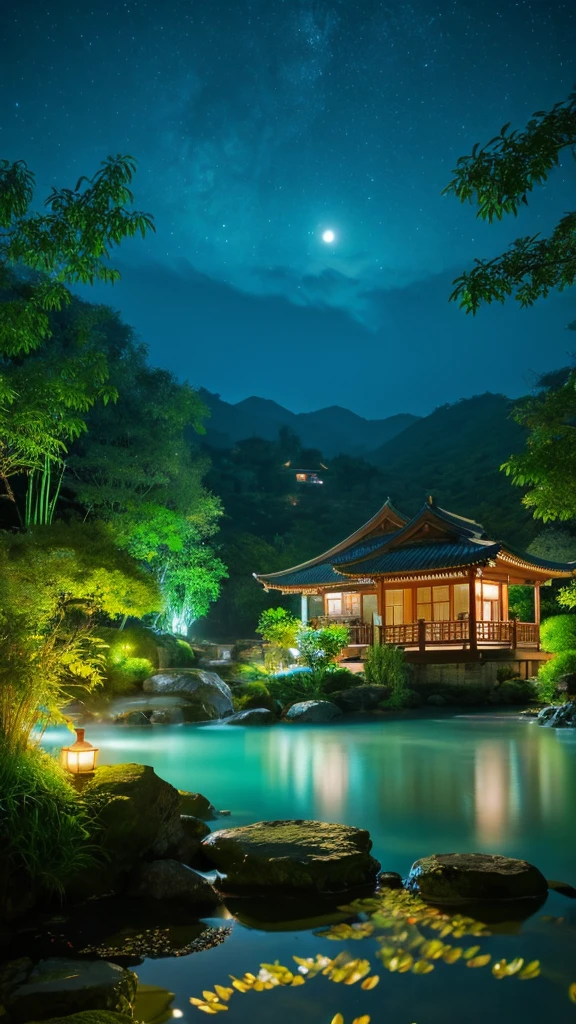 masterpiece,Top quality people,Chinese martial arts style,Night view of Asia,Really,Artistic concept,、 Simple,Night view of Asian pond with lots of lights and boats underwater,Lake,Lotus,Beautiful night view,(( (Chinese martial arts style))), The sky is wide, Even the mountain cliffs, Ink painting style, Lun Guoguang, atmospheric ambience, Written boundary depth, The mist gathers, bamboo, loose, Flying Waterfall。