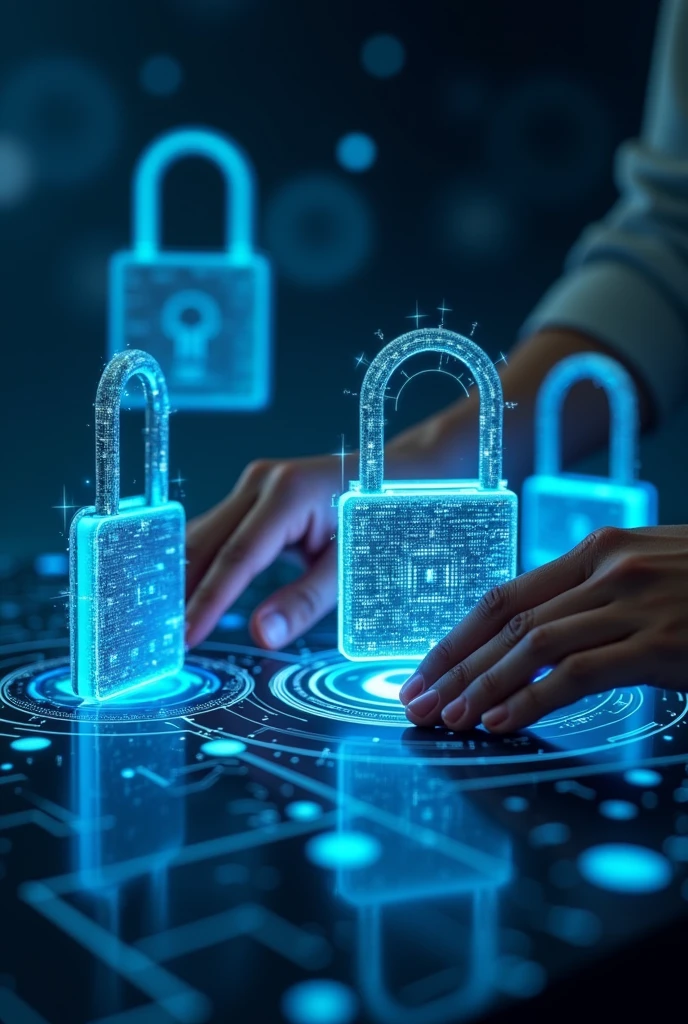 Various futuristic digital padlocks technology with blue illuminated lines it could be better in this style I loved it hands padlocks