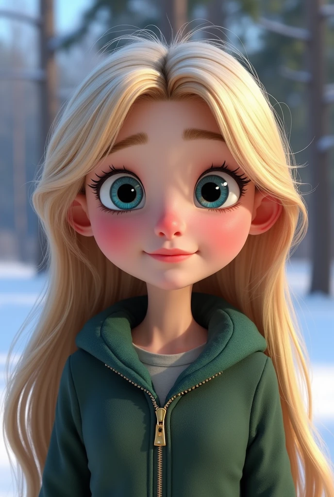 Beautiful blonde girl beautiful attractive perfect face, skin fair, blue colored eyes, pretty pink mouth, beautiful lips , straight hair with green highlights, dyed ,  wearing winter clothes and is in the forest, Pixar style animated film,  young beautiful woman, 