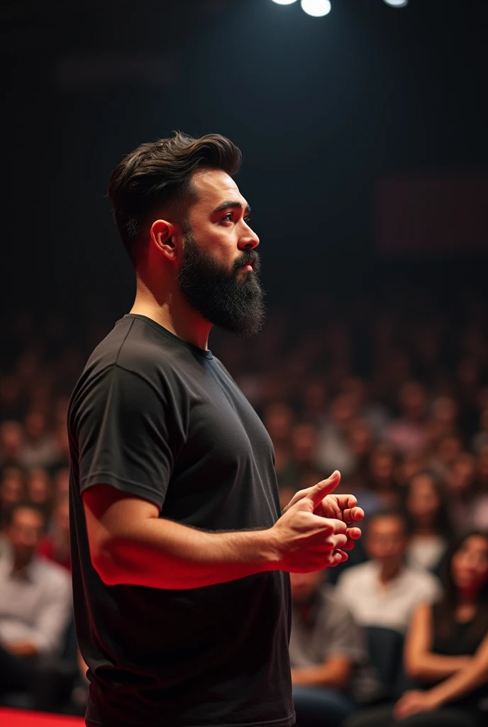 (photorealism:1.2), 30-year-old man , White skin , short black hair , black beard, Asian eyes with thick eyebrows , stocky, massive, and masculine build , TED talk on oyster mushrooms ( Pleurotus ostreus )