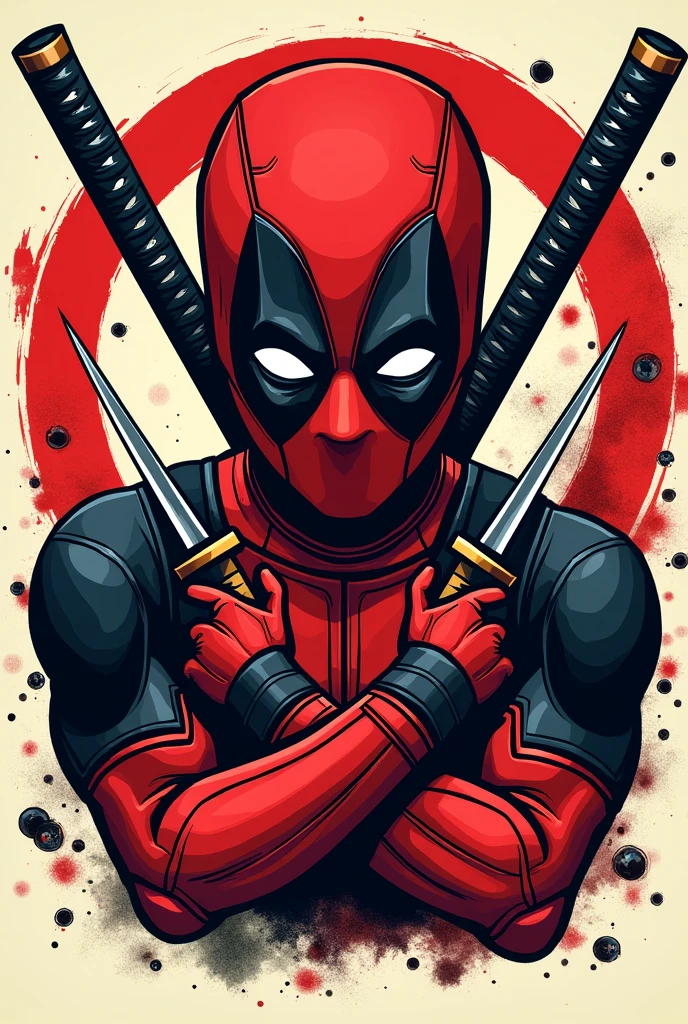 Design a circular frame featuring Deadpool’s iconic red and black mask at the top, with his dual katanas crossed behind it. The rest of the frame can be accented with his signature colors and perhaps a few bullet holes or small explosives for a fun touch.