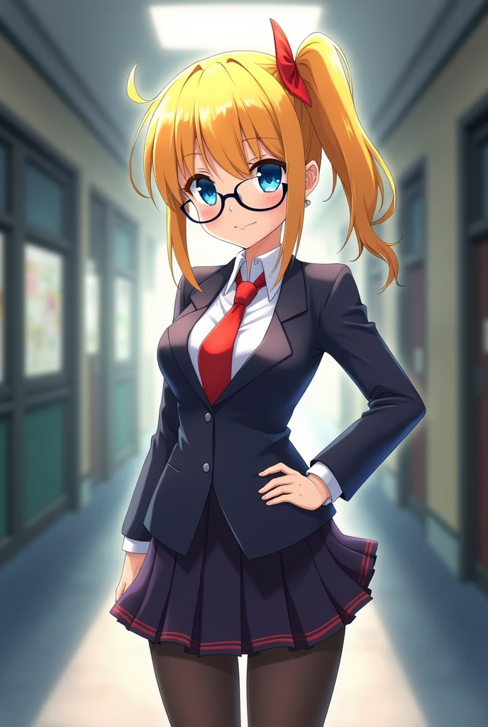 (masterpiece), short skirt, black stocking,big breast, school uniform, panty, blue eye, cute, yellow hair, right side pony tail, detective, red tie, glasses, butt, anime