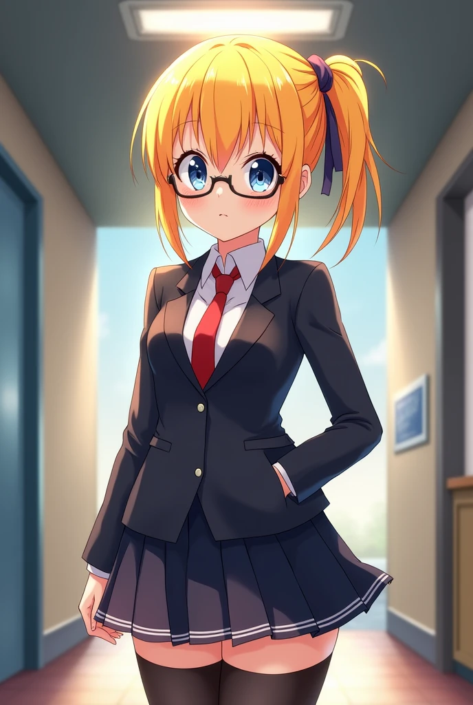 (masterpiece), short skirt, black stocking,big breast, school uniform, panty, blue eye, cute, yellow hair, right side pony tail, detective, red tie, glasses, butt, anime
