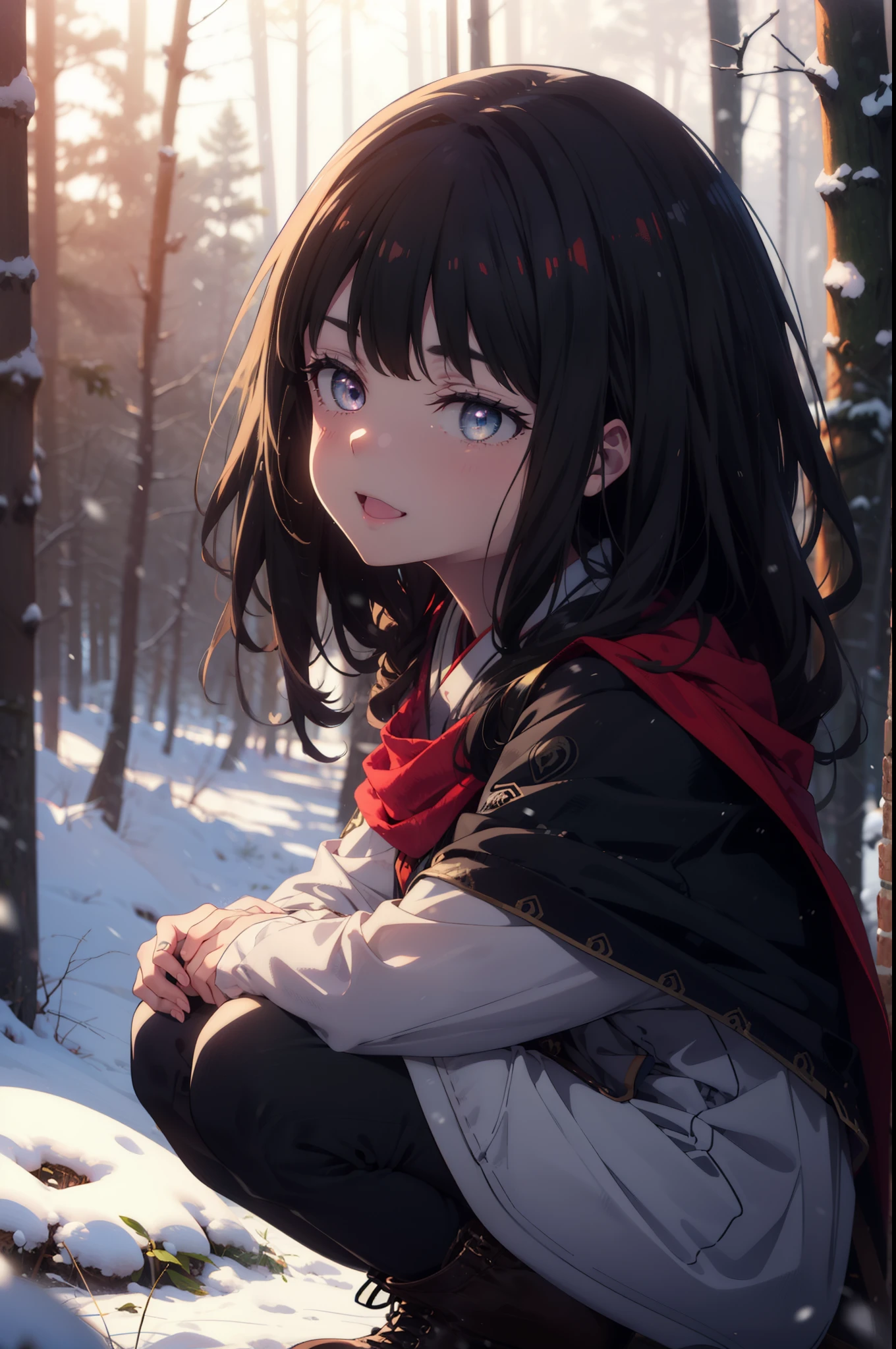Takiuchi, Inoue Check, Long Hair, bangs, Black Hair, (Purple eyes:1.2),smile,
Open your mouth,snow, fire, Outdoor, boots, snowing, From the side, wood, suitcase, Cape, Blurred, forest, nature, Squat, Cape, winter, Written boundary depth, Black shoes, red Cape break looking at viewer, Upper Body, whole body, break Outdoor, forest, nature, break (masterpiece:1.2), Highest quality, High resolution, unity 8k wallpaper, (shape:0.8), (Beautiful and beautiful eyes:1.6), Highly detailed face, Perfect lighting, Highly detailed CG, (Perfect hands, Perfect Anatomy),
