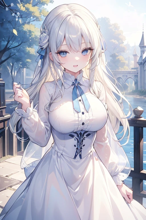 (masterpiece, best quality),  intricate details, 
1girl, blonde hair, blue eyes,  light silver hair, white hair tips, 
Big breasts, smiling, opened mouth, wear white shirt, long Sleeve shirt,  blue checkered shirt, Park background