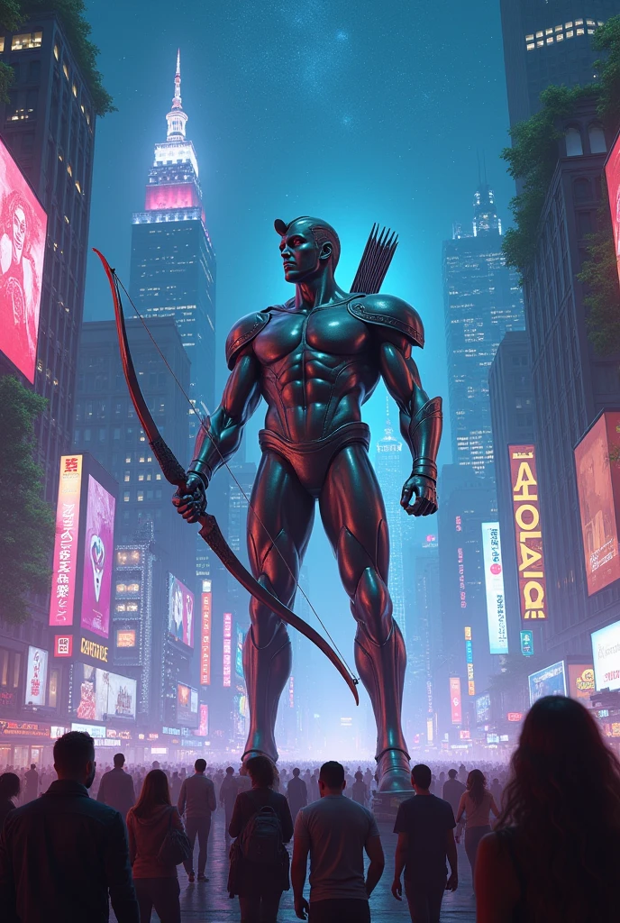 Statue of a superhero Apollo with a bow pointed to the sky in a futuristic city at night. People are amazed by the statue.