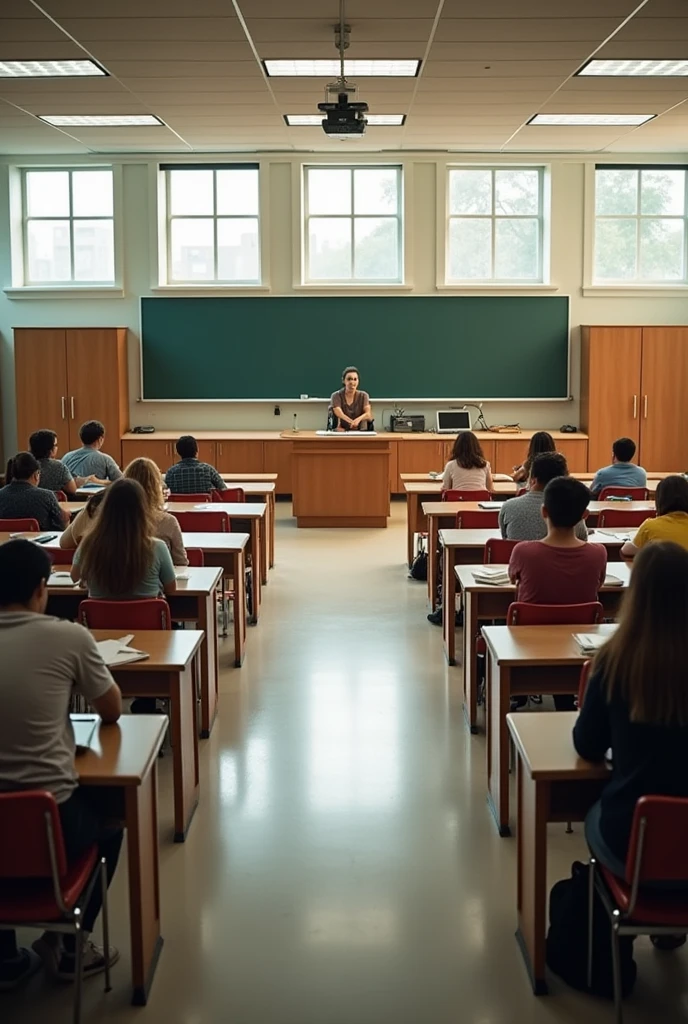 create a floor plan image of a university classroom, com mesas, cadeiras, a blackboard, teacher's desk, some cabinets in the back, a door and windows on opposite sides