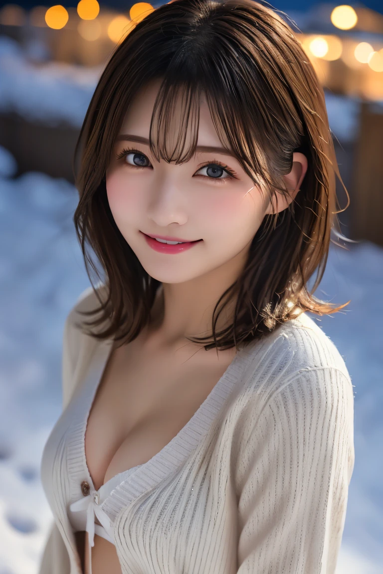 Highest quality, (beautiful)、beautiful女性、、Precision Eyes、Brown eyes、Looking into the camera、Medium Hair、Inward curl hair、front open cardigan、night、smile、Snow Scene、Upper Body、naked、Larger breasts、Shoot from above、Belly button、Close-up、Completely exposed breasts