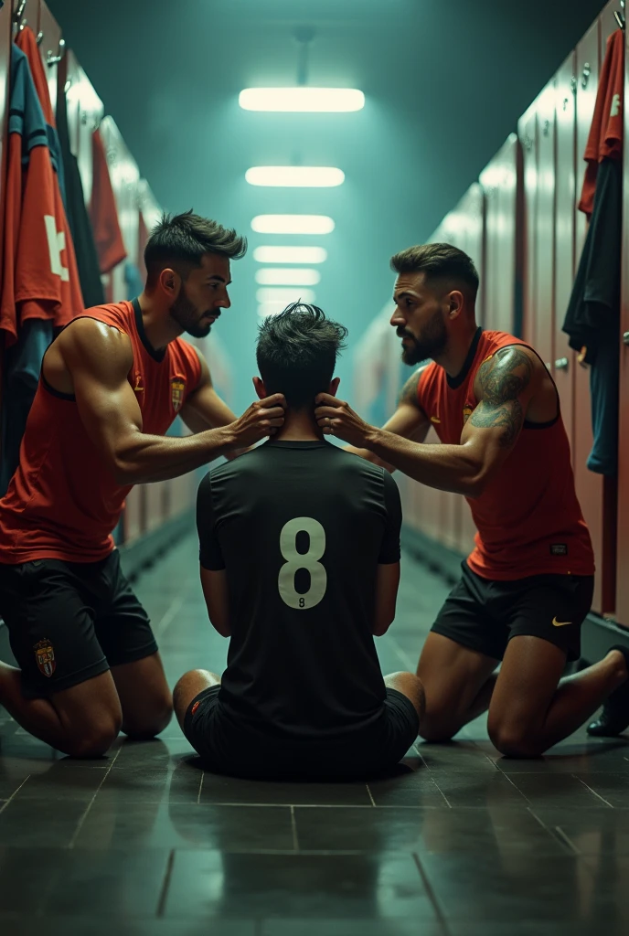 (NSFW Gay) a Madrid player with number 8 on his back is kneeling in front of many men, one of the men is pulling his hair In the dressing room, HD Photo