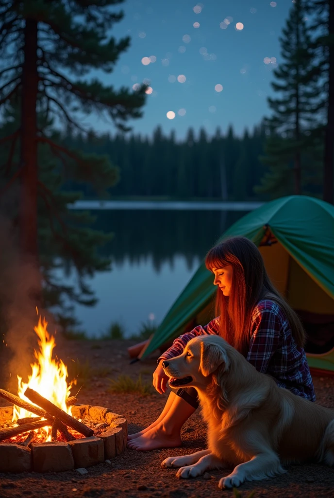 A woman sitting near the campfire add a dog and lake And a tent in the image