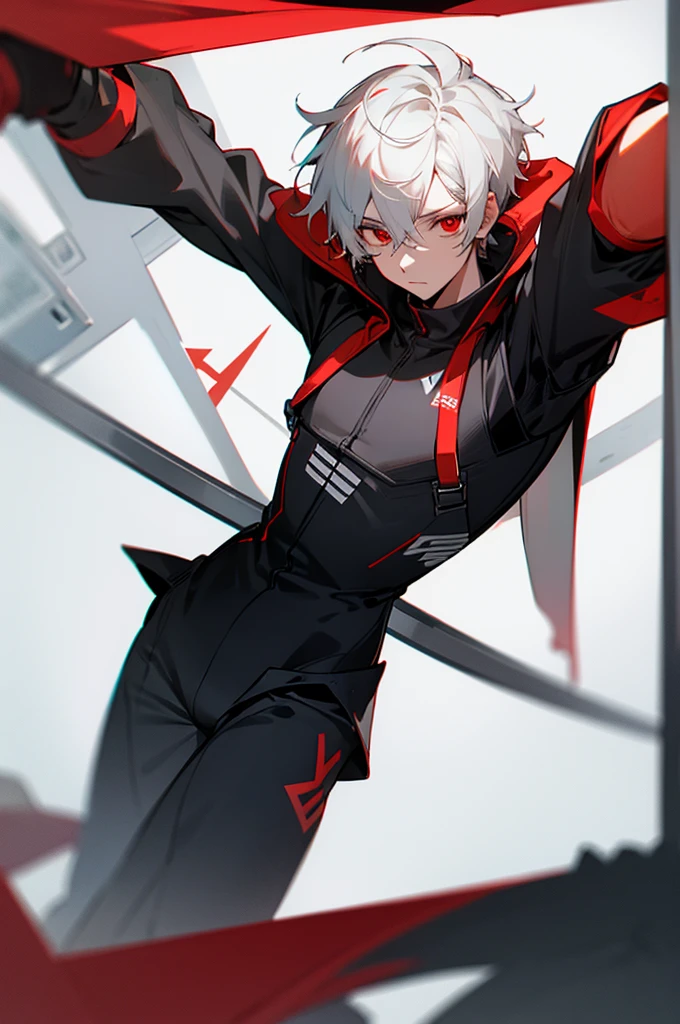 male,  adult, White Hair, Red eyes, Black and gray jumpsuit, SOS Logo, goggles, Perfect quality.