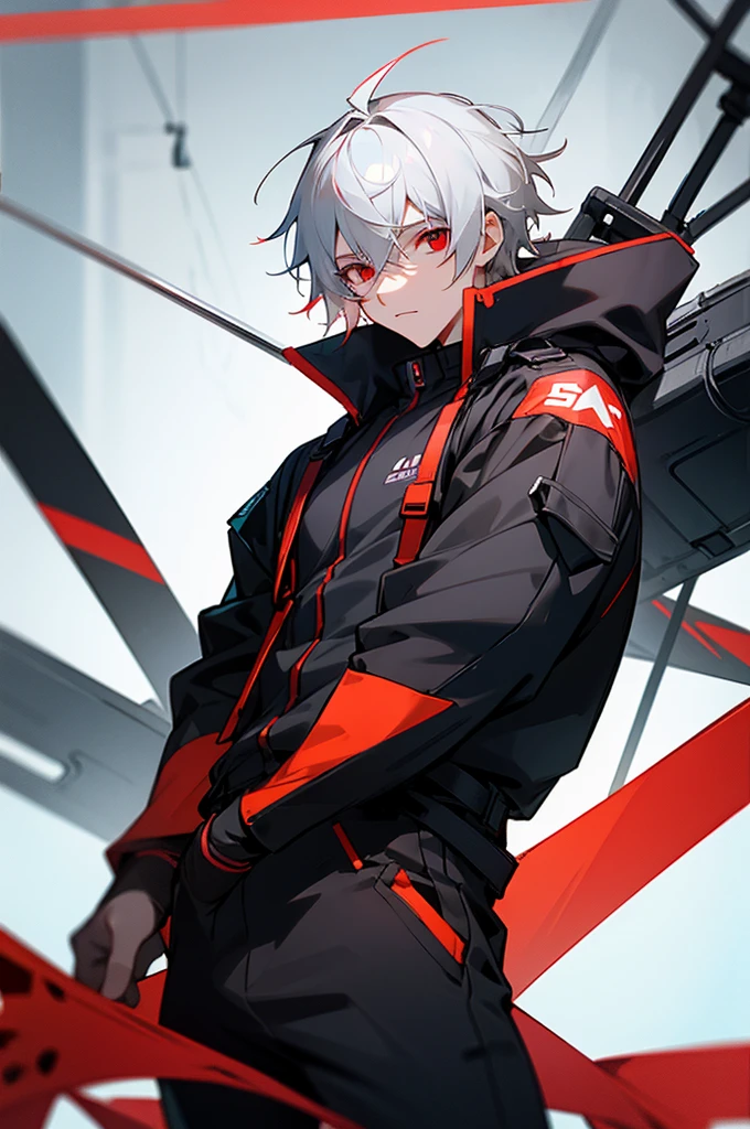 male, young adult, White Hair, Red eyes, Black and gray jumpsuit, SOS Logo, goggles, Perfect quality.