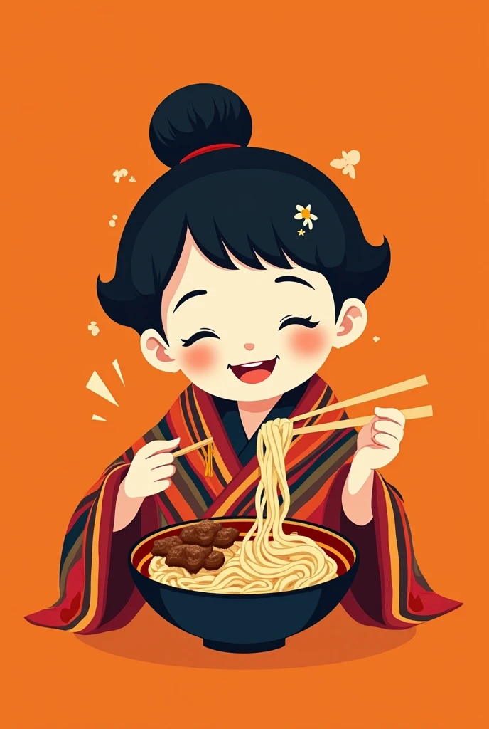 Minimalist Oriental style logo, as a little Japanese girl, with Japanese hairstyle, wearing a Mexican serape, closed eyes, very happy, Eating noodles with bits of meat, on an orange background.