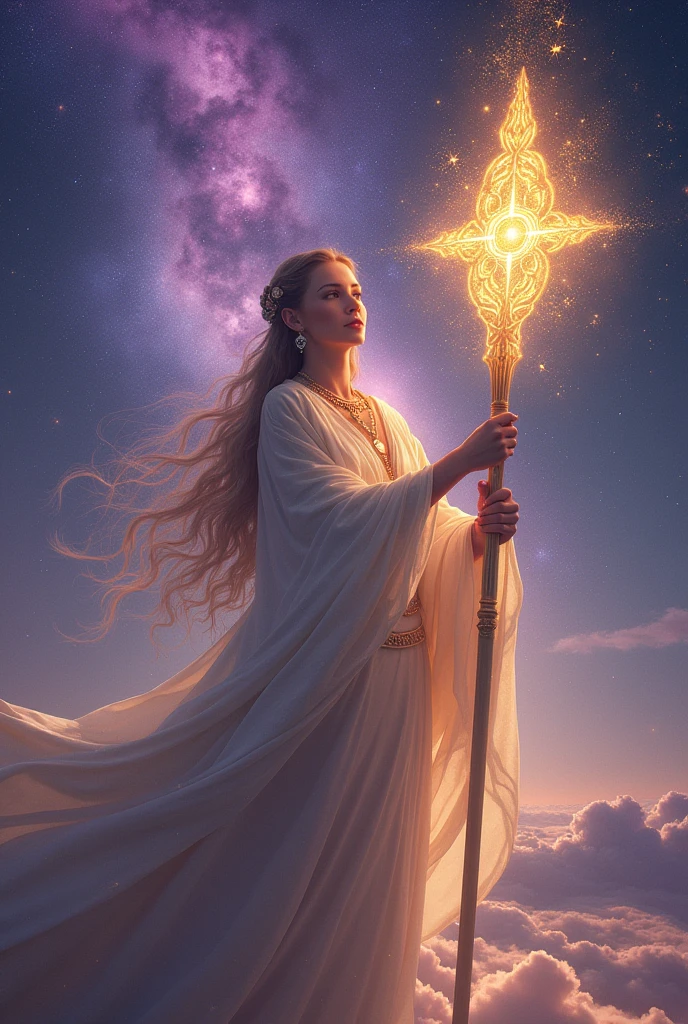 A staff-like weapon that can split into multiple, floating segments resembling celestial gates. Each segment emits a soft, golden light and can be directed to strike at different angles, reflecting a serene yet powerful force.