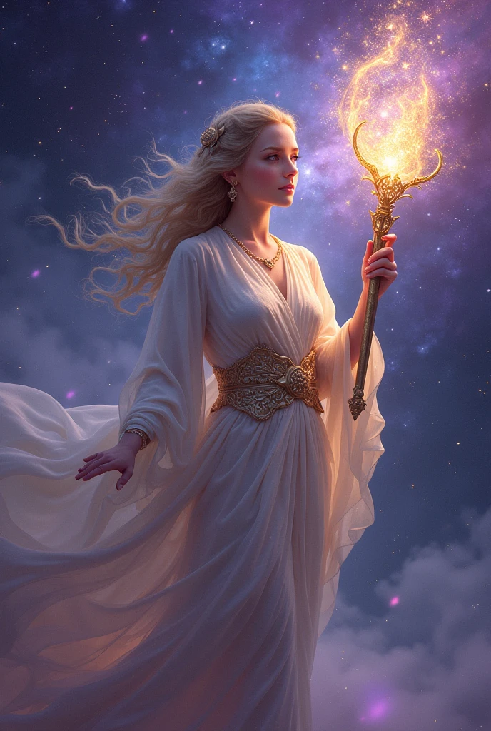 A staff-like weapon that can split into multiple, floating segments resembling celestial gates. Each segment emits a soft, golden light and can be directed to strike at different angles, reflecting a serene yet powerful force.