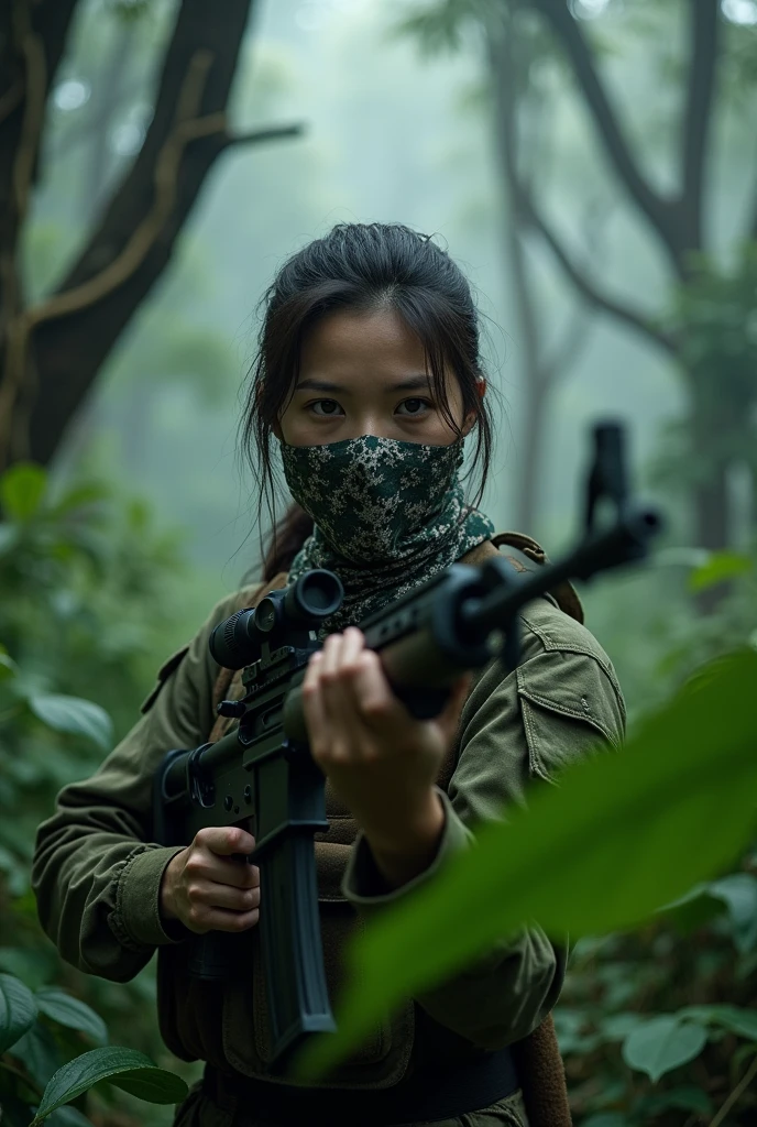 Create an image of a Vietnamese female sniper wearing a cloth face mask.