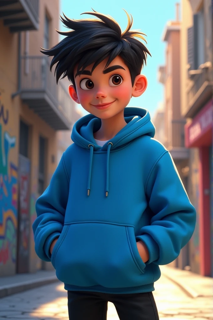 Blue hoodie with black pants and black
hair boy full pants