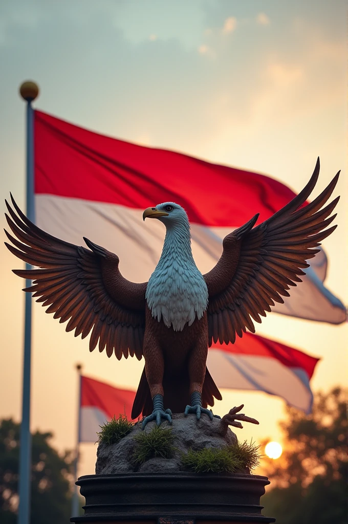Make a picture of the Indonesian flag, there is a Garuda bird, there are Dutch and Japanese flags behind it, but it's faint