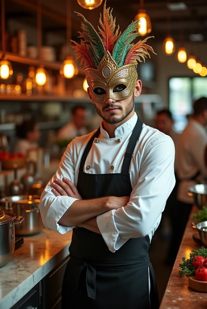 Create a character of a masked chef, with an elegant and unique mask.