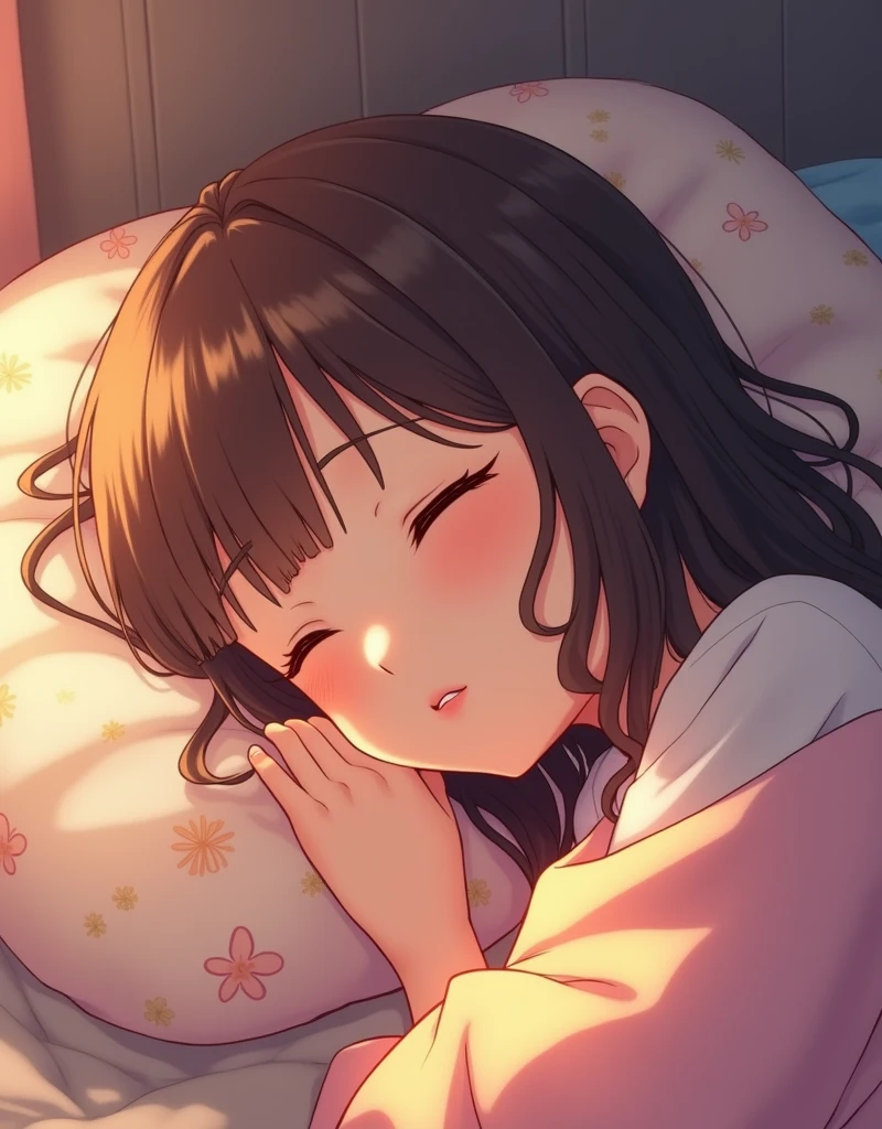 cute anime girl sleeping, beautiful detailed eyes, beautiful detailed lips, extremely detailed face, long eyelashes, peaceful expression, delicate features, sleeping peacefully on a soft bed, intricate bedsheets, warm lighting, dreamlike atmosphere, high quality, 8k, photorealistic, masterpiece, cinematic, vibrant colors, glowing skin, intricate details