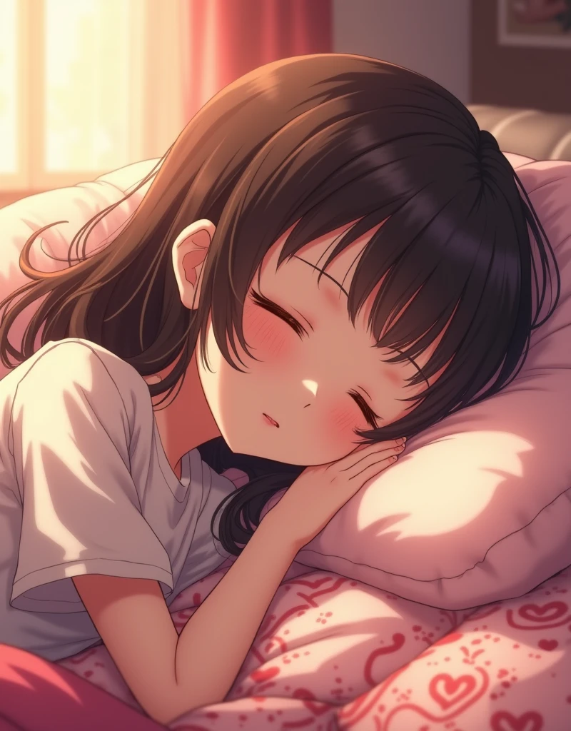 cute anime girl sleeping, beautiful detailed eyes, beautiful detailed lips, extremely detailed face, long eyelashes, peaceful expression, delicate features, sleeping peacefully on a soft bed, intricate bedsheets, warm lighting, dreamlike atmosphere, high quality, 8k, photorealistic, masterpiece, cinematic, vibrant colors, glowing skin, intricate details