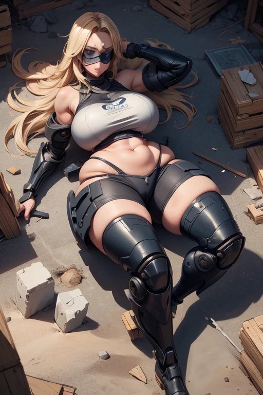 Super-detailed, 8k, 1 girl, mature, long blond hair, perfect figure, busty body, curvy body, large and droopy breast, slender hips, thick thighs, huge round ass, mech suit, defeated and passed out, lay down in the rubble, eye shut, ripped clothes, leg open, face covered, view from above