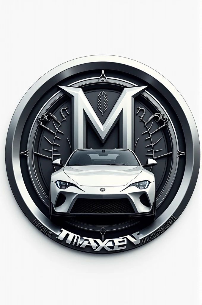 A logo with an M behind it enclosed in a circle with chrome gray designs in the background that says MAXEN with a sports car and a slogan that says a car for you in Spanish in 3D